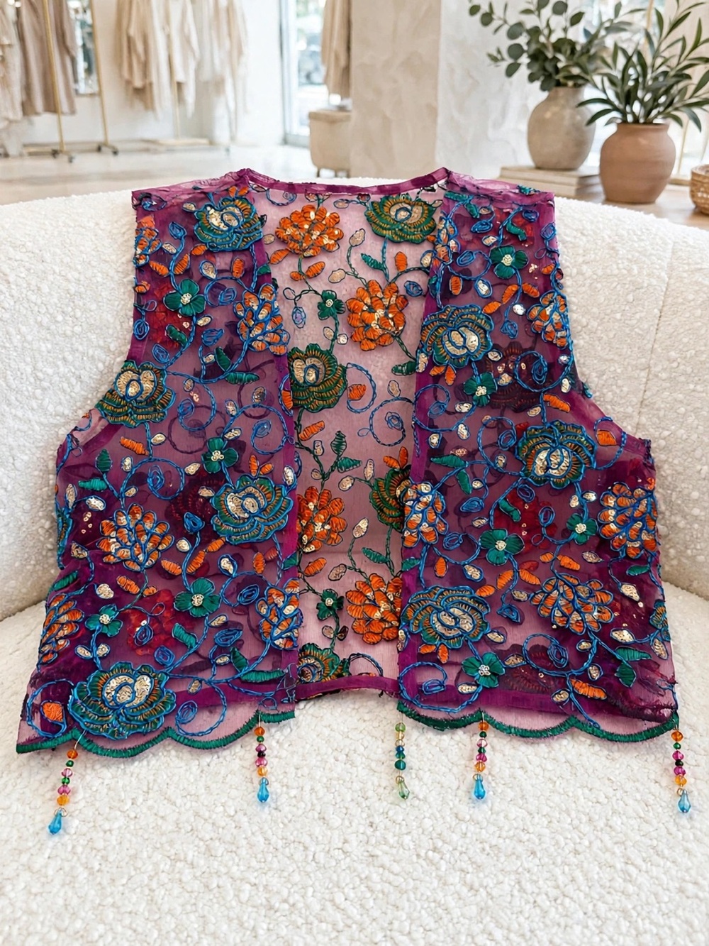 Embellished Purple Floral Mesh Vest
